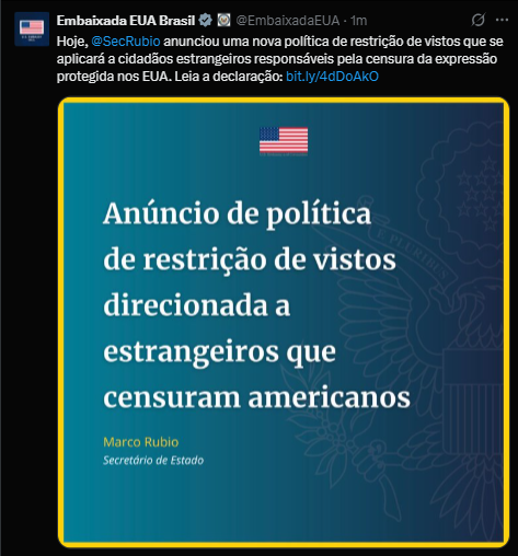 EUA anunciam restrições de visto para autoridades estrangeiras envolvidas em censura.